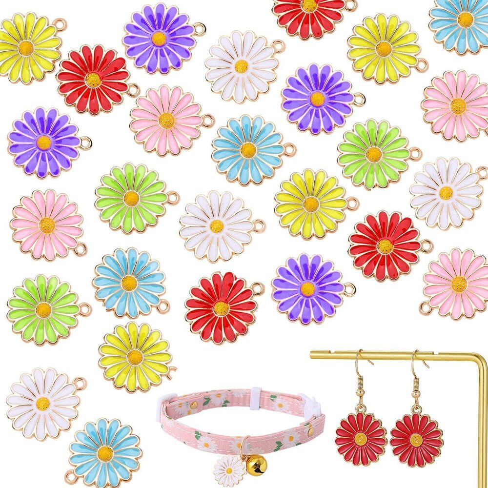 9032 56Pcs 7 Colors Enamel Daisy Flower Charms for Jewelry Making Gold